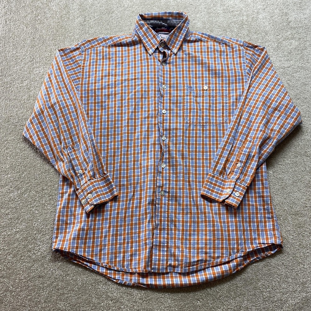 Wrangler George Strait Shirt Mens Large Blue Orange Plaid‎ Cowboy Cut Western